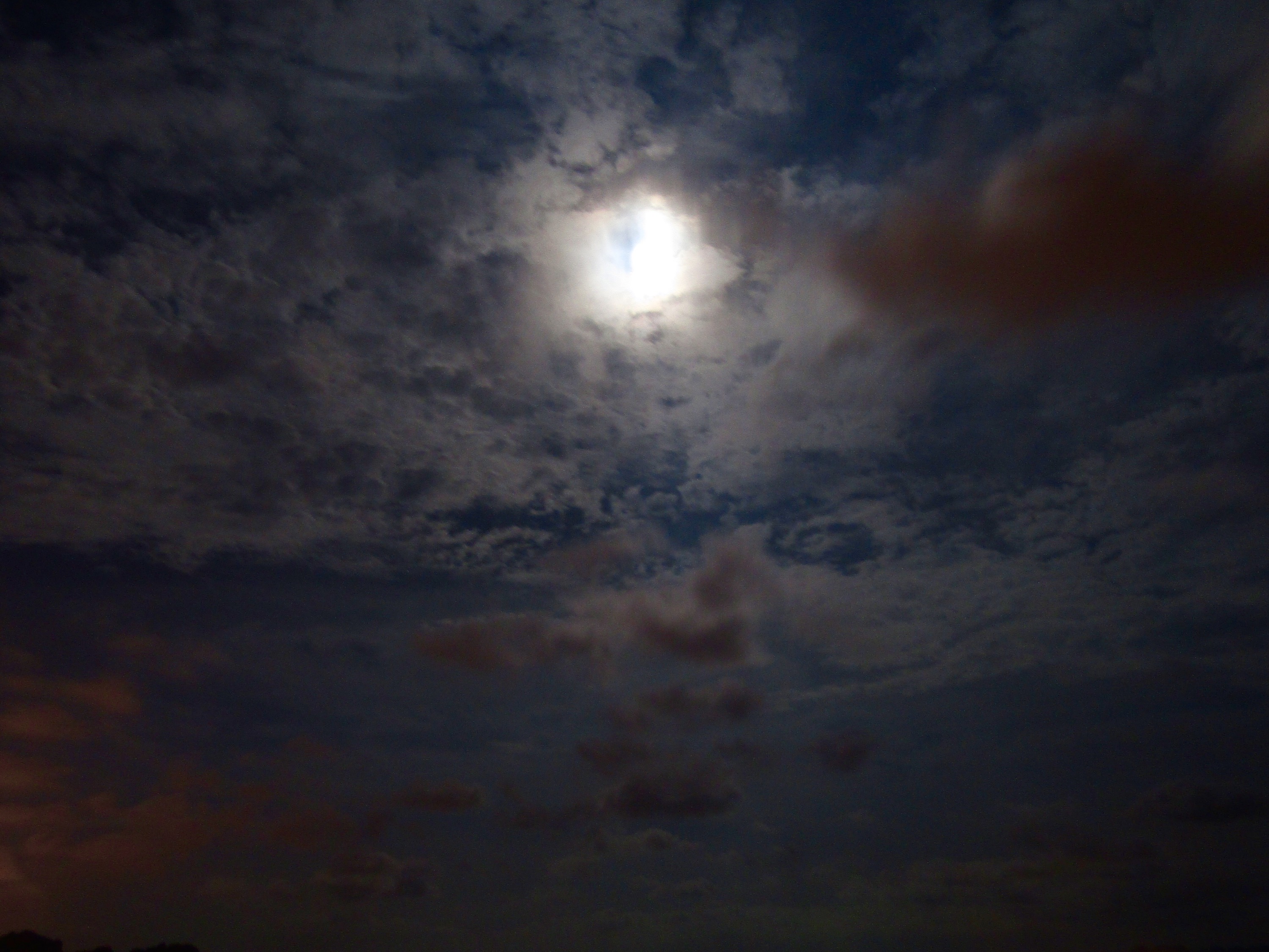 Fiddling with the nighttime settings on our new camera, I managed to capture the moon over the gulf on a cloudy evening.  